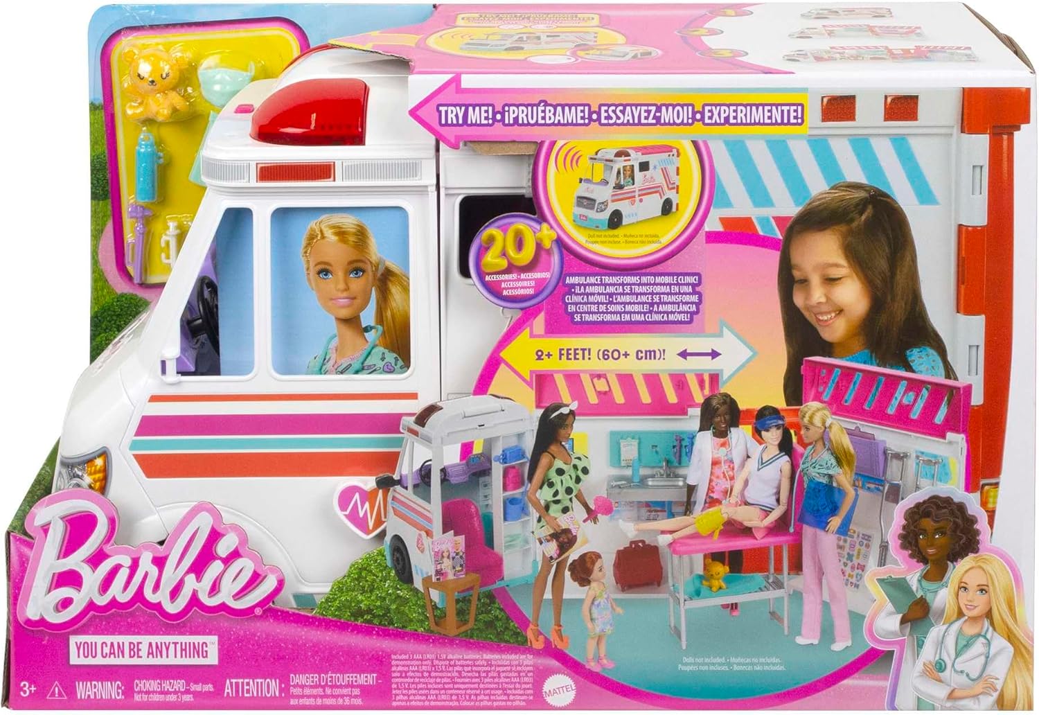 Askshy Barbie Toys, Transforming Ambulance and Clinic Playset with Lights, Sounds and 20  Accessories, Care Clinic, HKT79